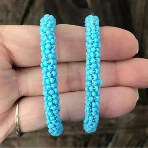 Light Blue Huge Seed Bead Stainless Steel Hoop Earrings NWT